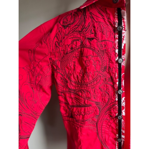Franco Uomo Mens Red black Embroidered Long Sleeve Button Shirt L y2k designer - Picture 4 of 6